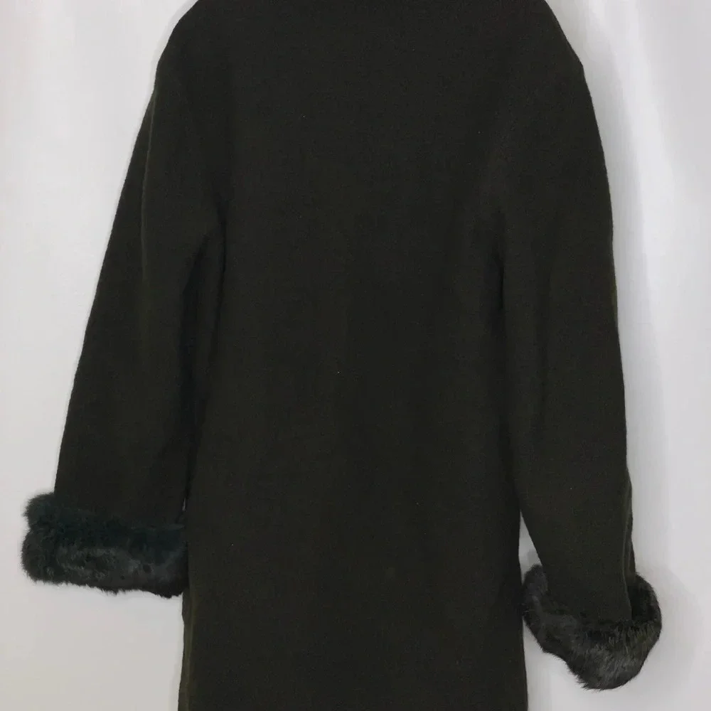 Hilary Radley women’s green wool coat fur trim 8 - Picture 3 of 4